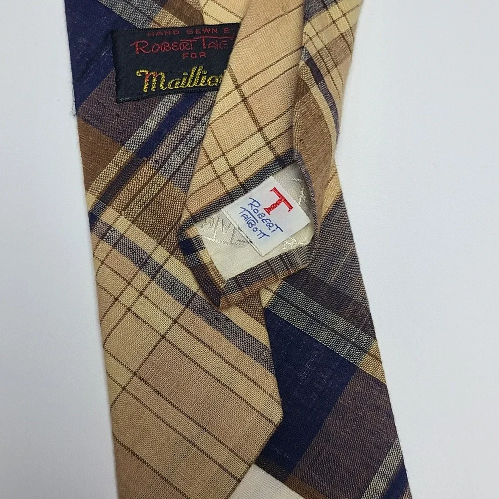 Robert Talbott Vintage Necktie Blue Brown Plaid Tartan Cotton 57